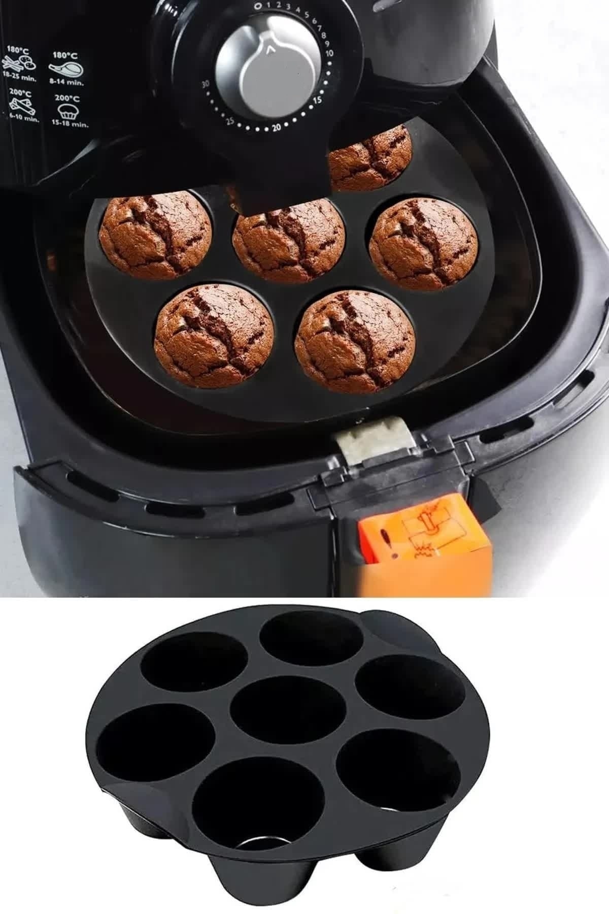 BuDorS Airfryer Silikon Muffin Kek Kalıbı 7 Gözlü Kek Ve Çörek Pişirme Kabı Siyah
