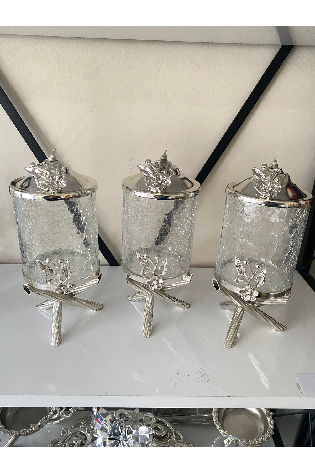 İmren Collection Japon Güllü 3’lü Kavanoz Seti Gümüş Renk