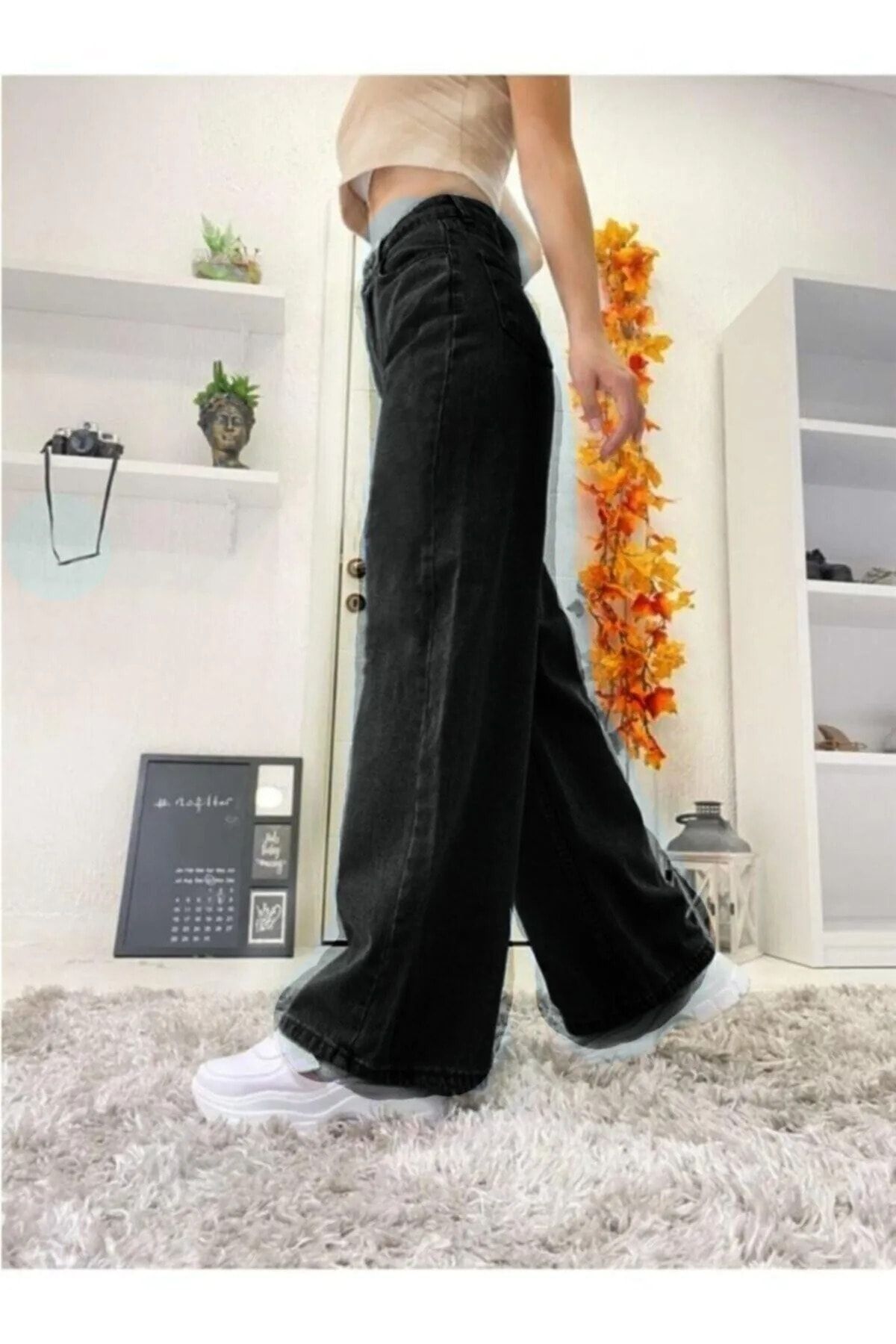 MAKRAS EXCLUSIVE-Pantaloni de blugi negri cu talie înaltă Blugi negri largi în lycra Palazzo flexibili 2