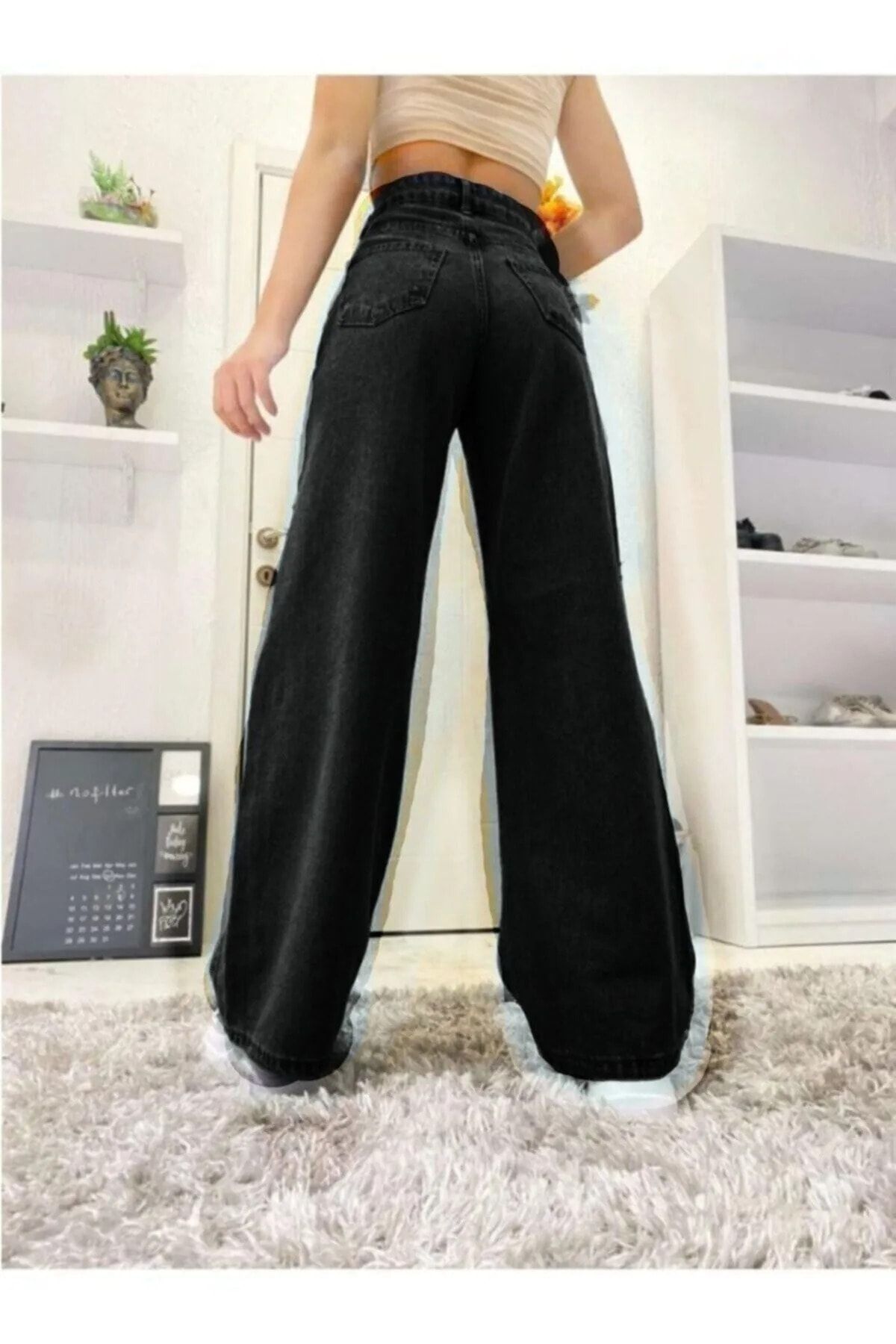 MAKRAS EXCLUSIVE-Pantaloni de blugi negri cu talie înaltă Blugi negri largi în lycra Palazzo flexibili 3