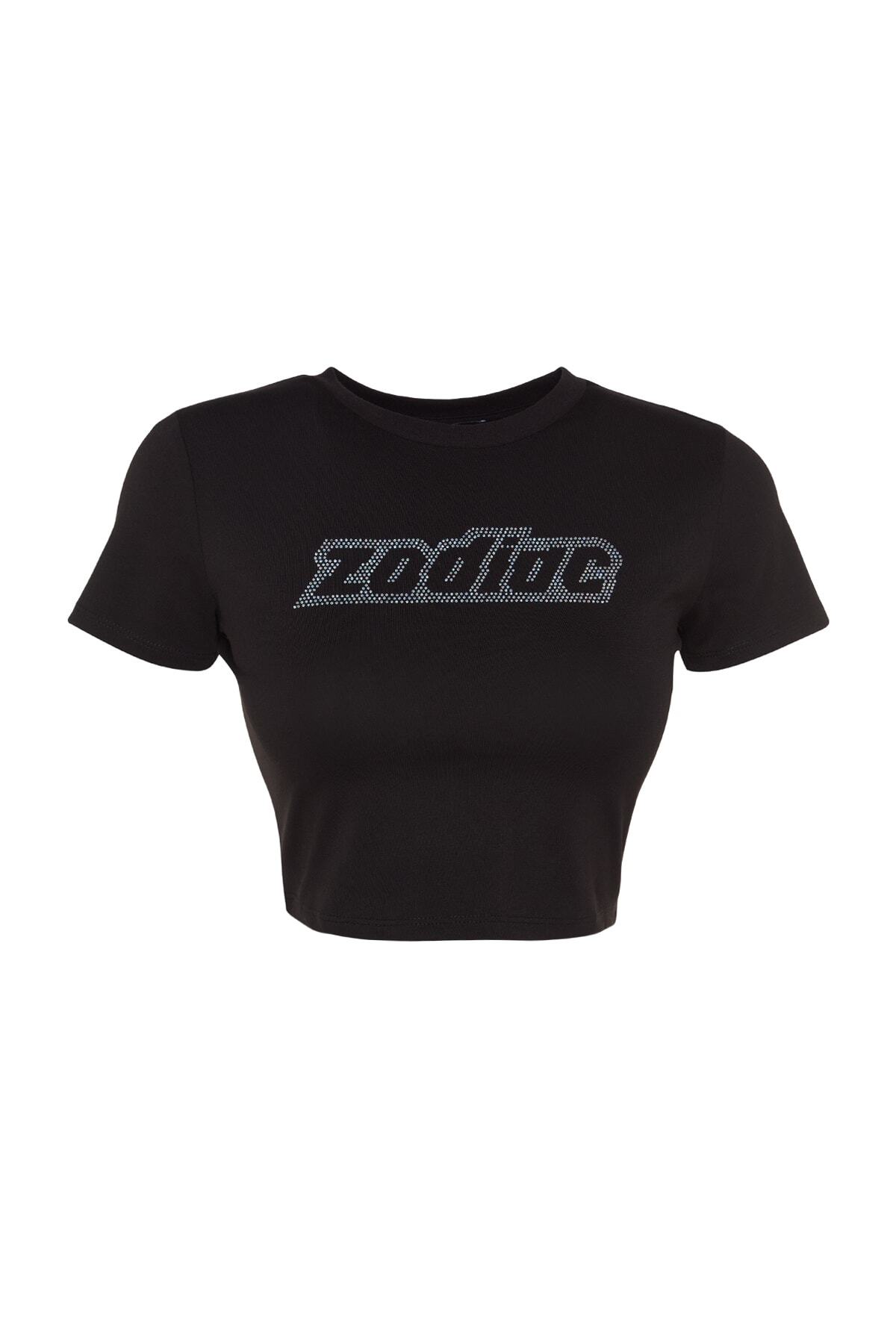 Trendyolmilla  Siyah Taş Baskılı Basic Crop Bisiklet Yaka Pamuklu Esnek Örme T-Shirt TWOSS23TS00128 - Görsel 6