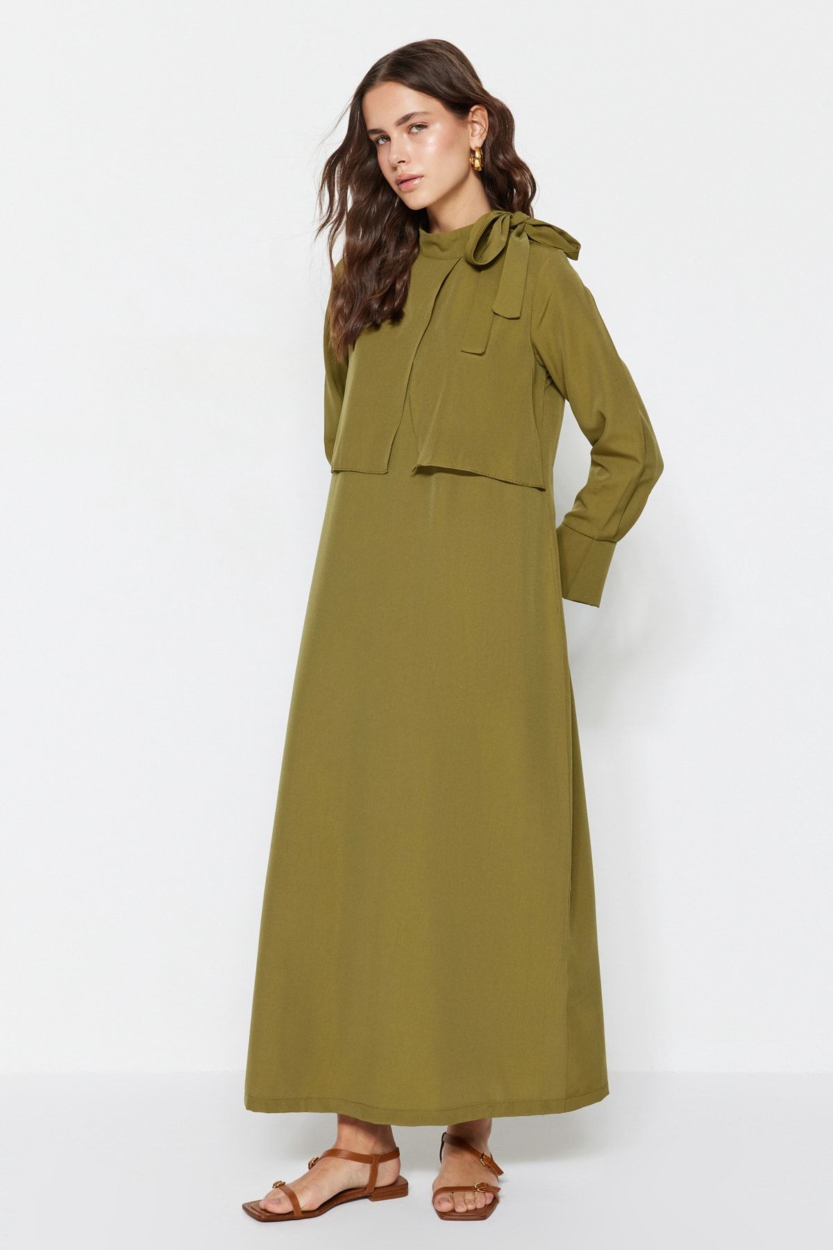 Trendyol Modest-Rochie țesută cu detaliu cravată cu guler kaki TCTSS23EB00283 5