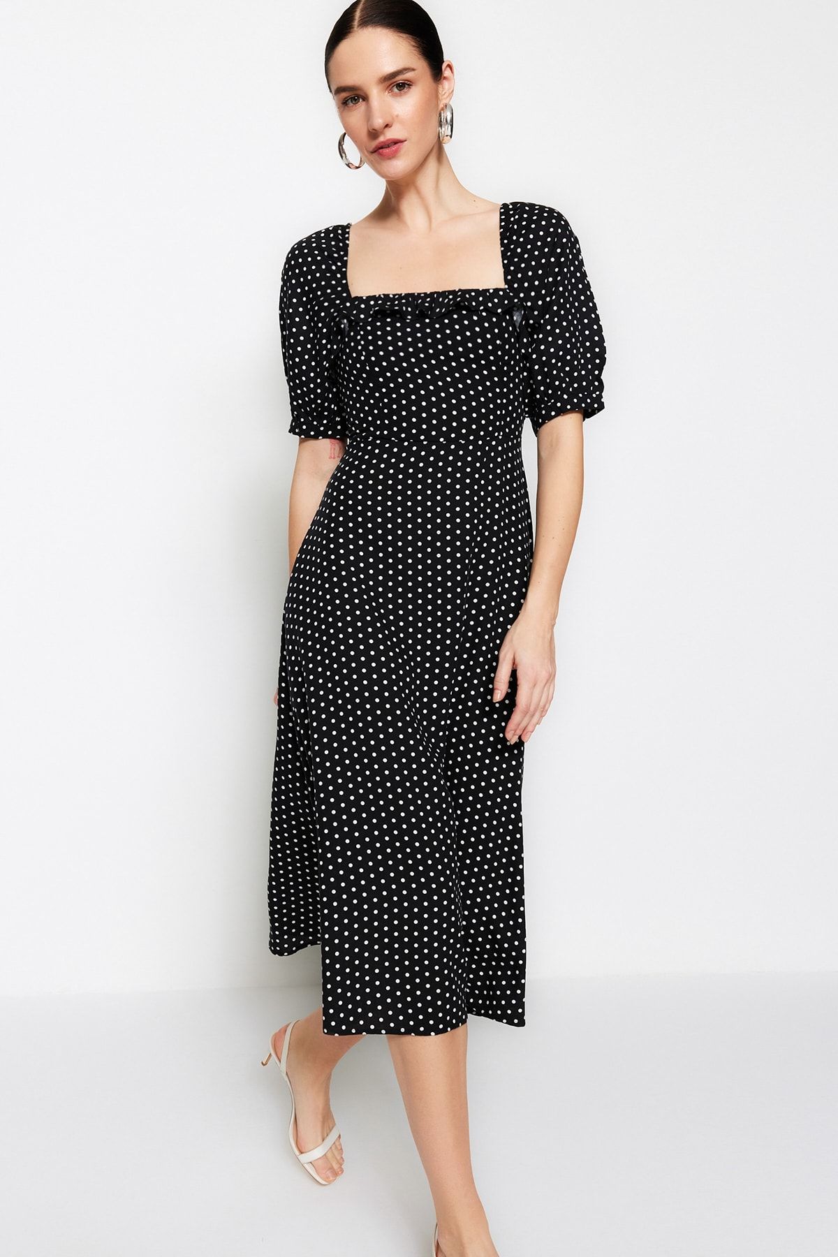 Trendyol Collection-Rochie neagră țesută cu buline, țesută midi, cu linie A, TWOSS21EL0511 2