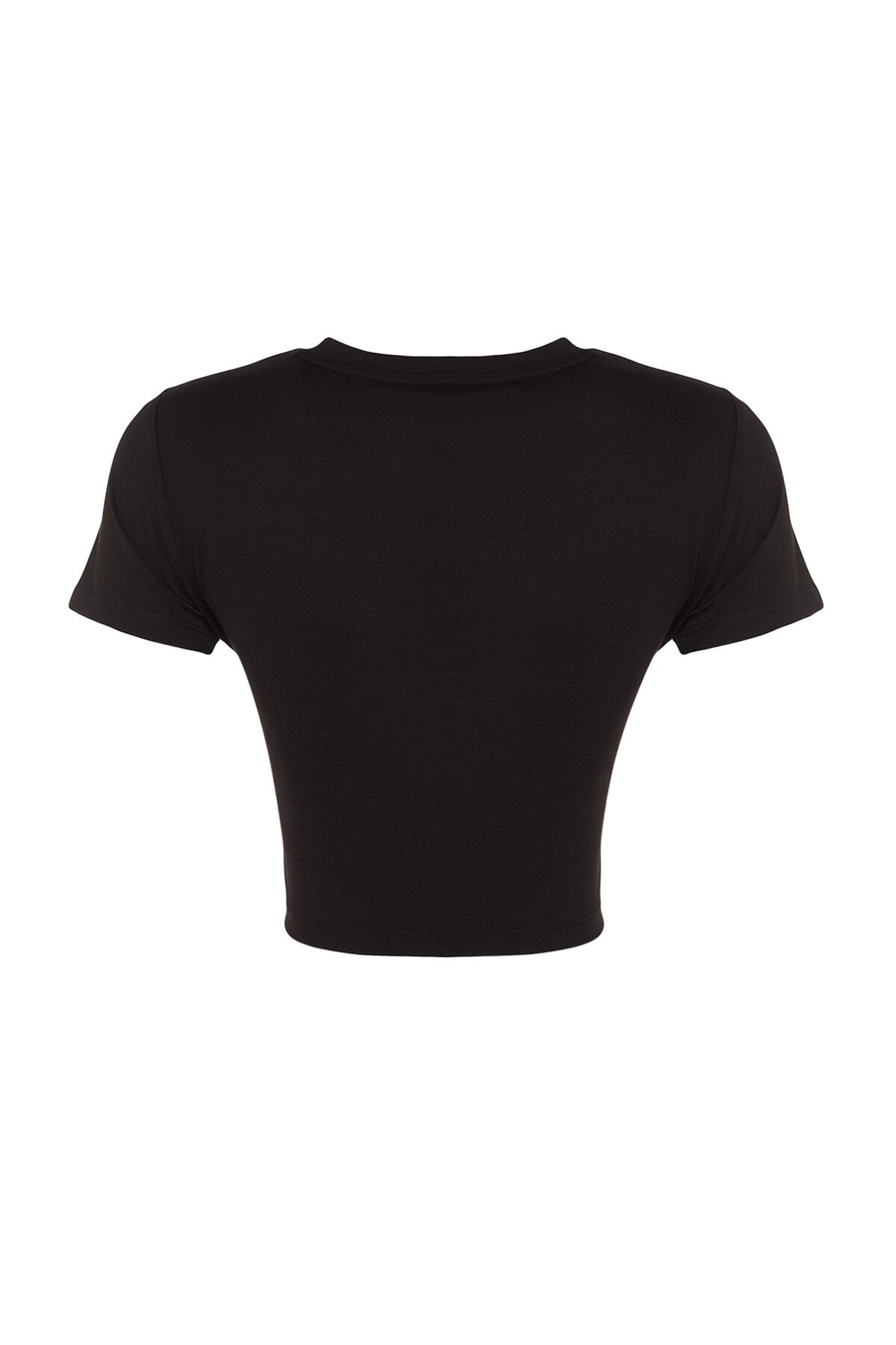 Trendyolmilla  Siyah Taş Baskılı Basic Crop Bisiklet Yaka Pamuklu Esnek Örme T-Shirt TWOSS23TS00128 - Görsel 8