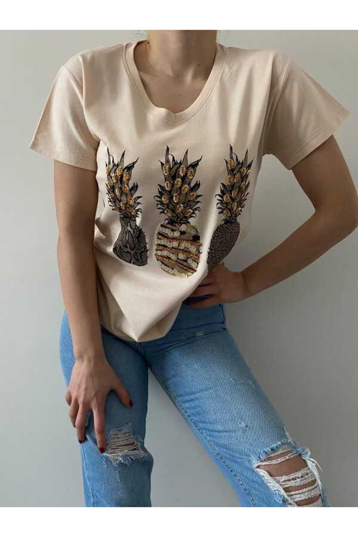 FancyWorld Powder Color Pineapple Pattern Embroidered V Neck 100