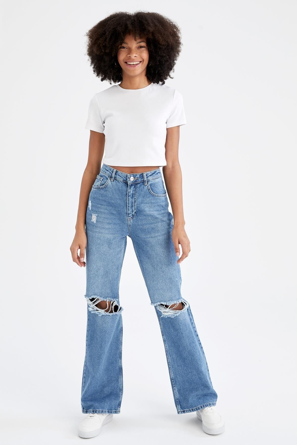 Defacto Ripped Detailed Wide Leg Washed Jean Trousers - Trendyol