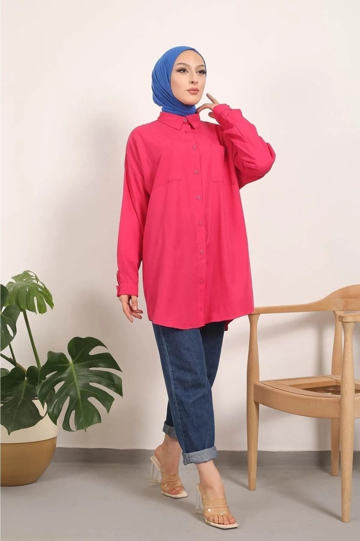 İmajButik Fuşya Çift Cepli Terikoton Gömlek RN7354