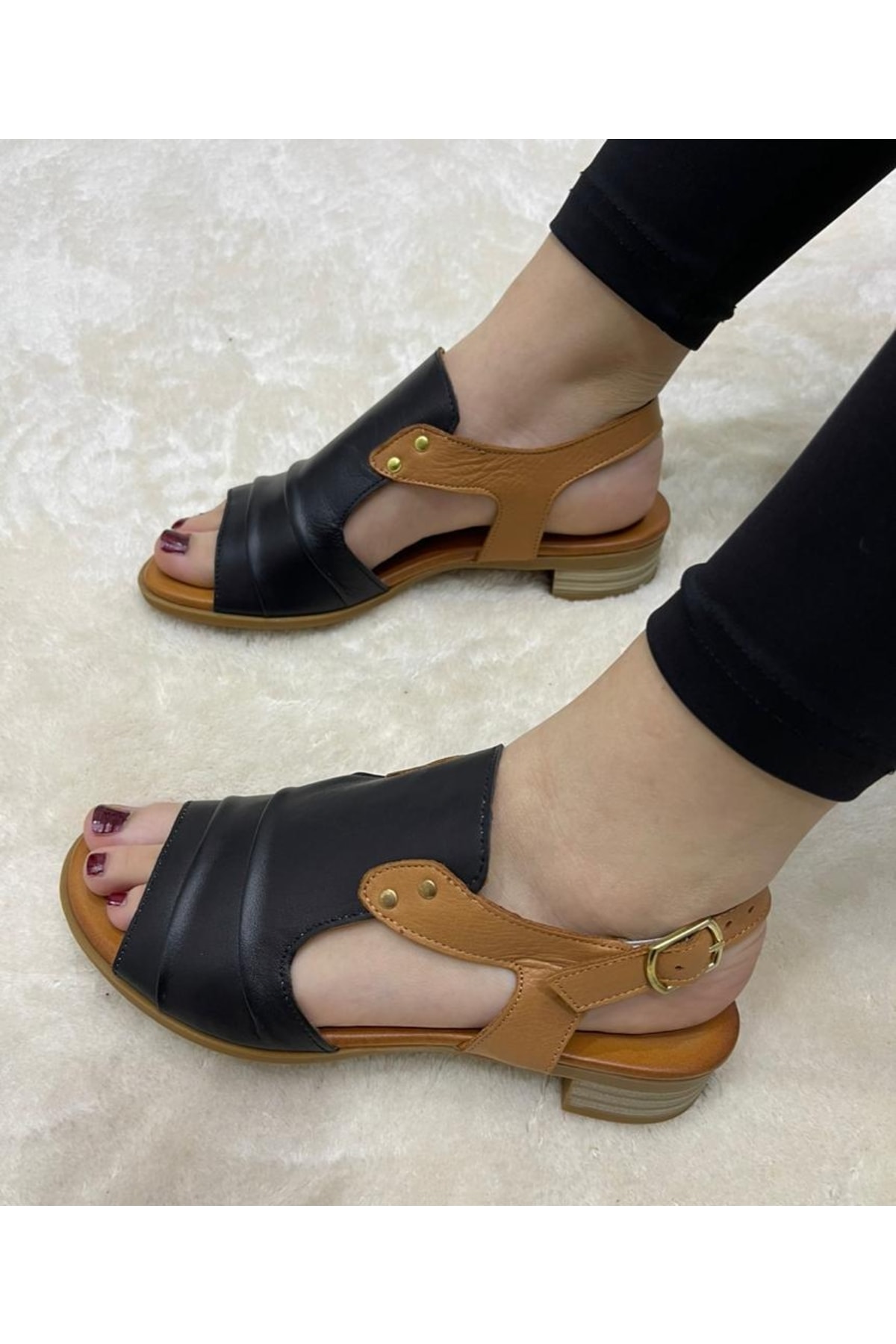 USLUFATİH Hakiki Deri Kadın Yazlık Küçük Kısa Topuk Içi Yumuşak Taban Feta Sandalet Ayakkabı