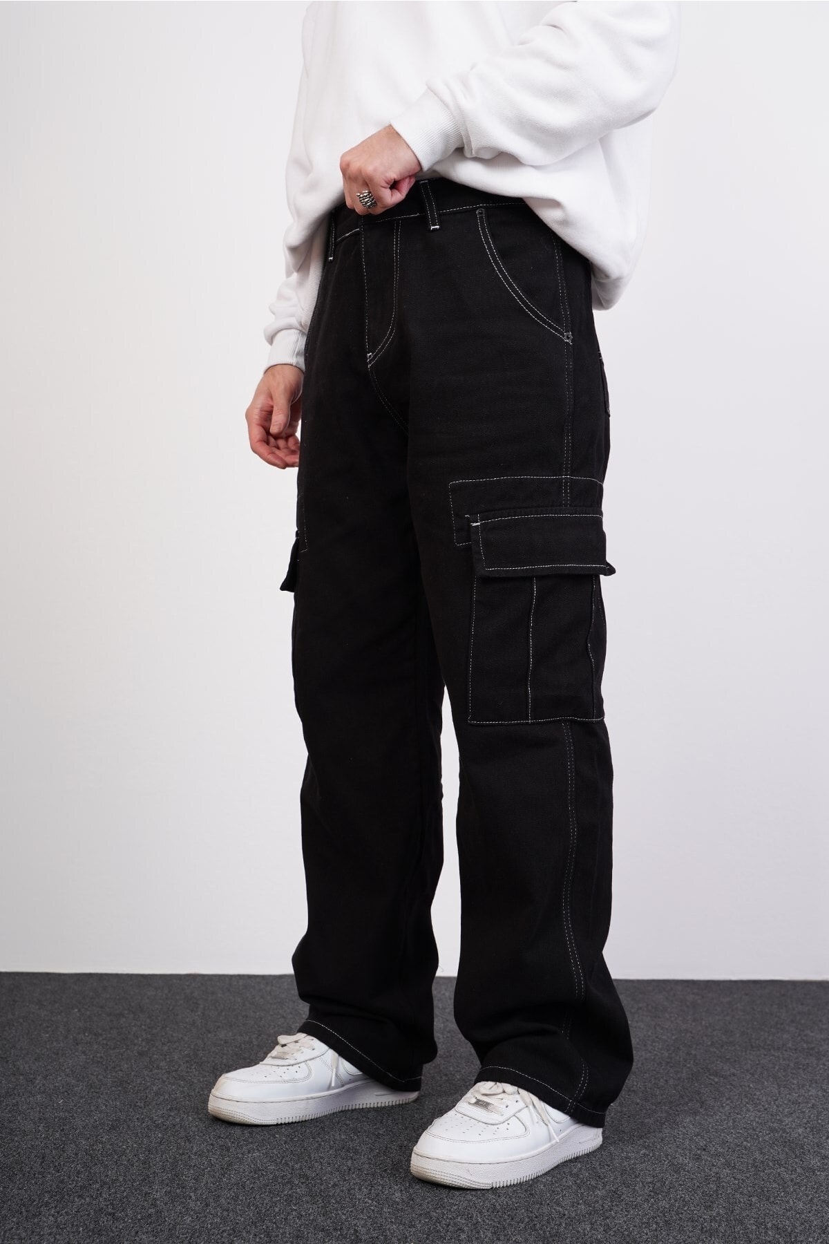 ATK Double Cep Detaylı Siyah Kargo Baggy Pantolon