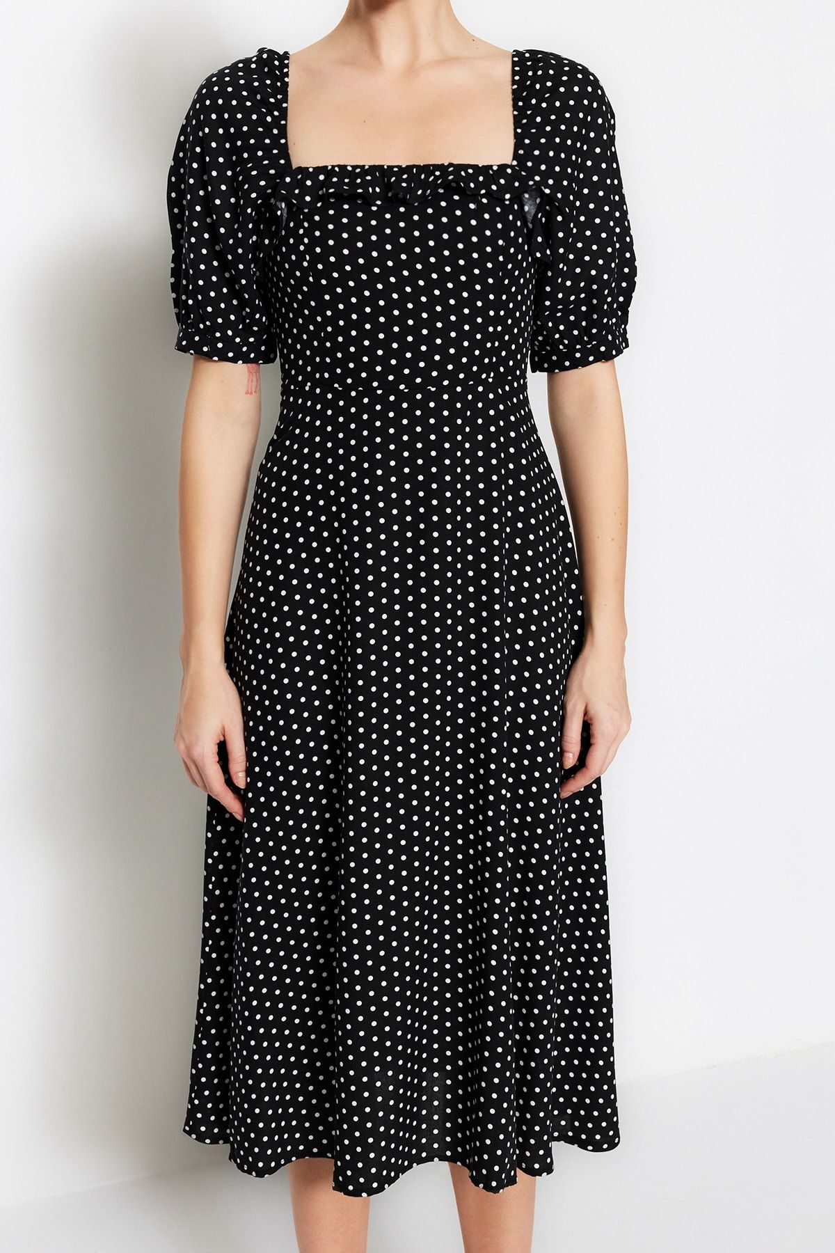 Trendyol Collection-Rochie neagră țesută cu buline, țesută midi, cu linie A, TWOSS21EL0511 3