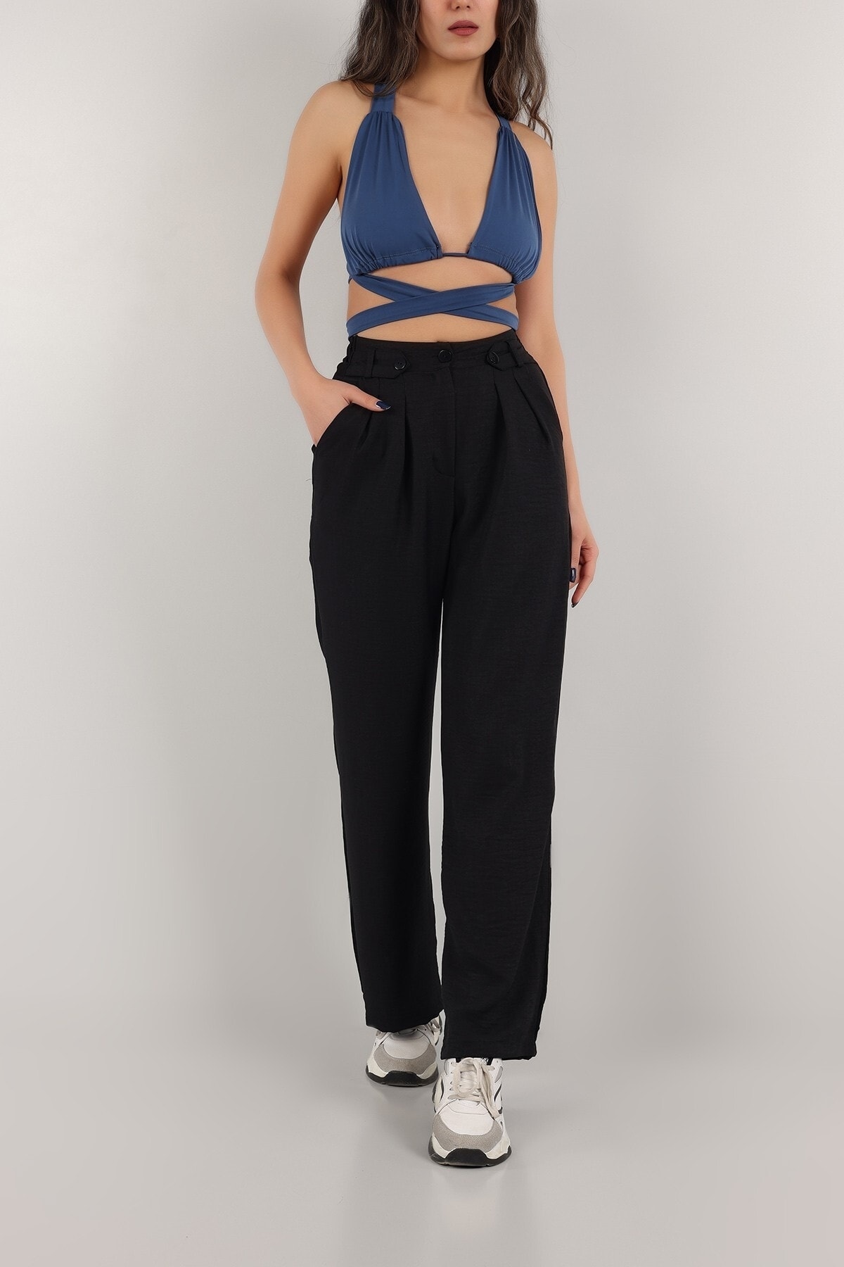 High Waist Premium Full Stretch Fabric Pleated Detailed Palazzo Pants with Pockets PAN001