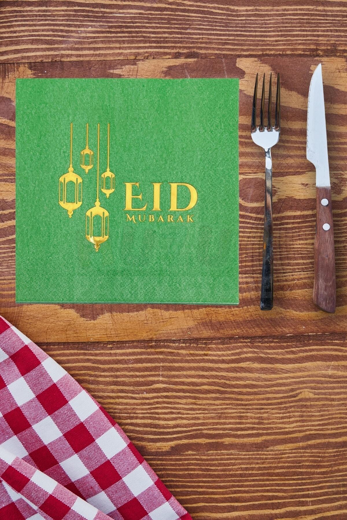 Eid Mubarak Green Gold Gilded Napkin 16 Pieces 16x16 Cm Gold Foil Ramadan Feast Religious Ornament