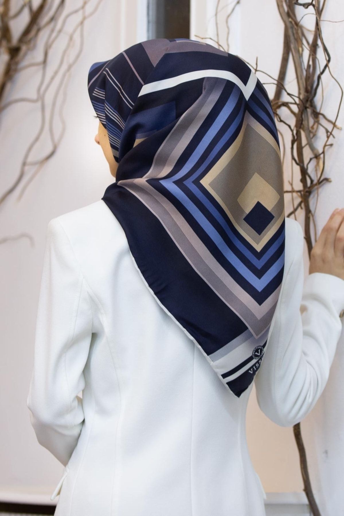 Navy blue silk scarf deals