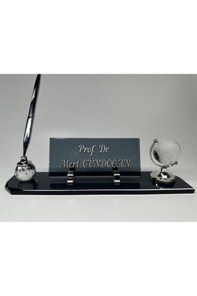 Gündoğan Kristal Füme Cam Masa Isimliği Tek Kalem Ve Dünya Aksesuarlı Kabartm...