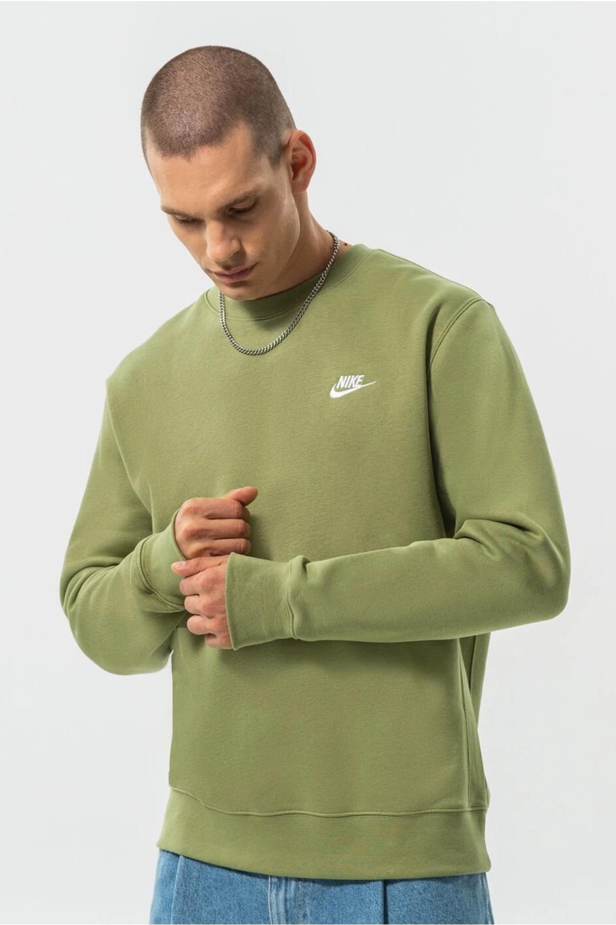 Nike Sportswear Club Fleece Kumaş Yeşil Kapüşonsuz Erkek Sweatshirt