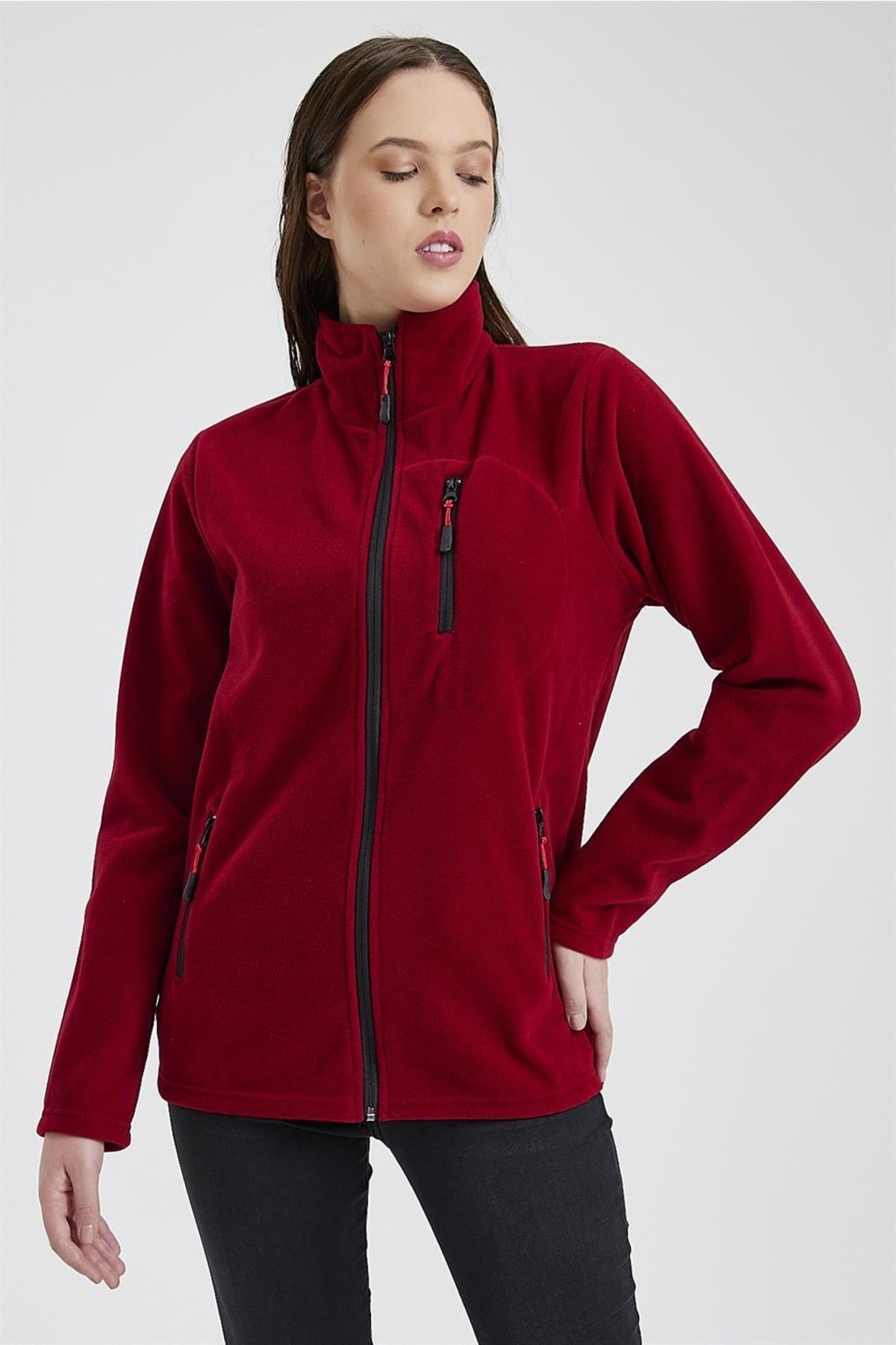 MAXIMILLIAN Γυναικείο φλις κόκκινο χρώμα με 3 τσέπες με φερμουάρ και γιακά μπατό εξωτερικού χώρου