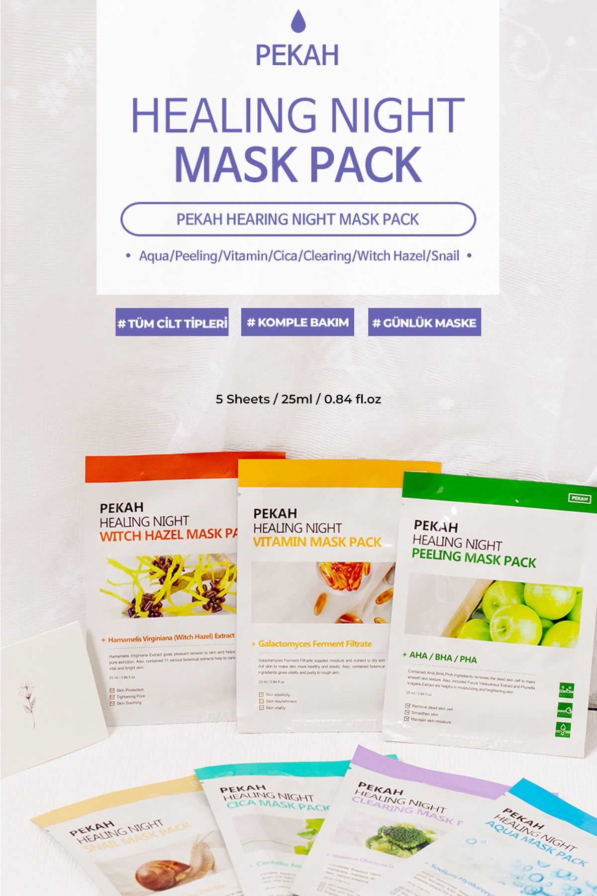 PEKAH C Vitamini Ve 13 Bitki Özü Içeren Canlandırıcı Leke &amp; Kırışıklık Karşıtı Yüz Maske Seti 5 Adet ZO10154