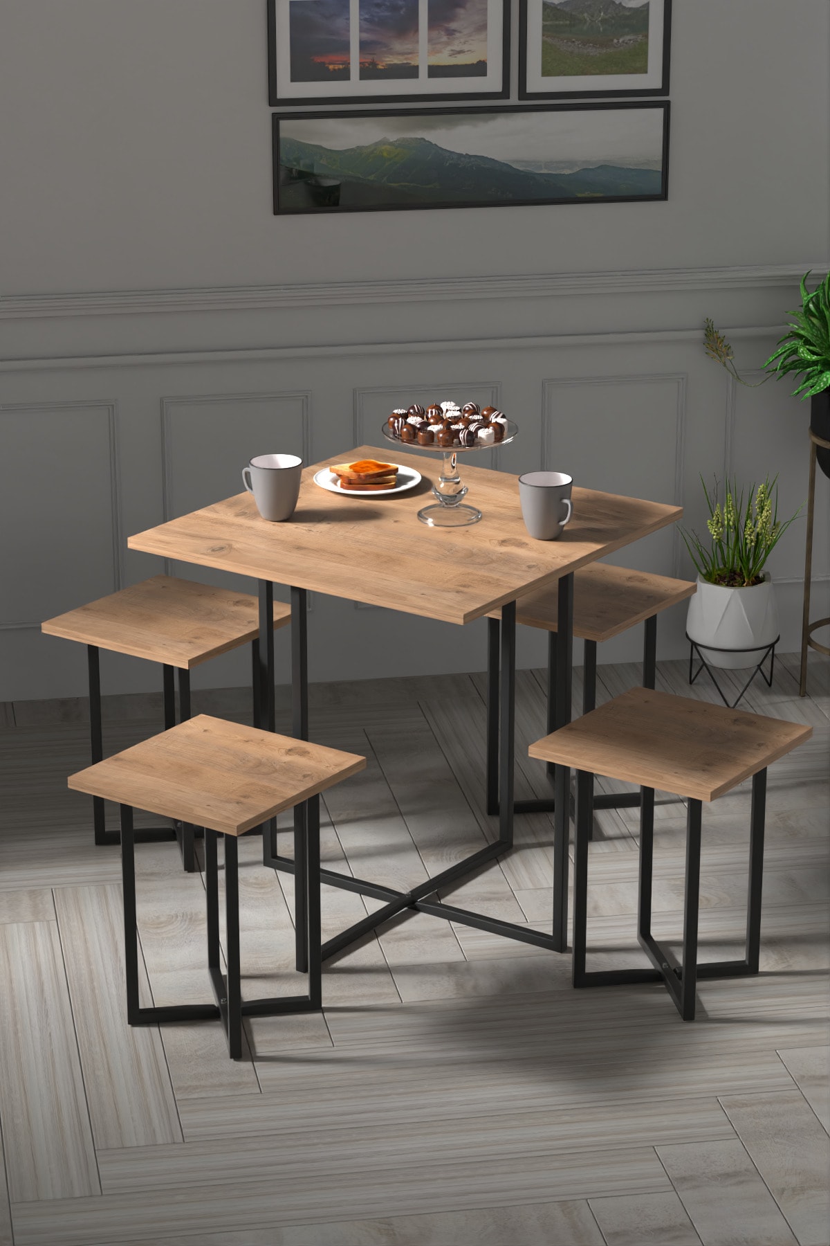 Retodesign 4 Kişilik Kare Masa Takımı Atlantik Çam 1680