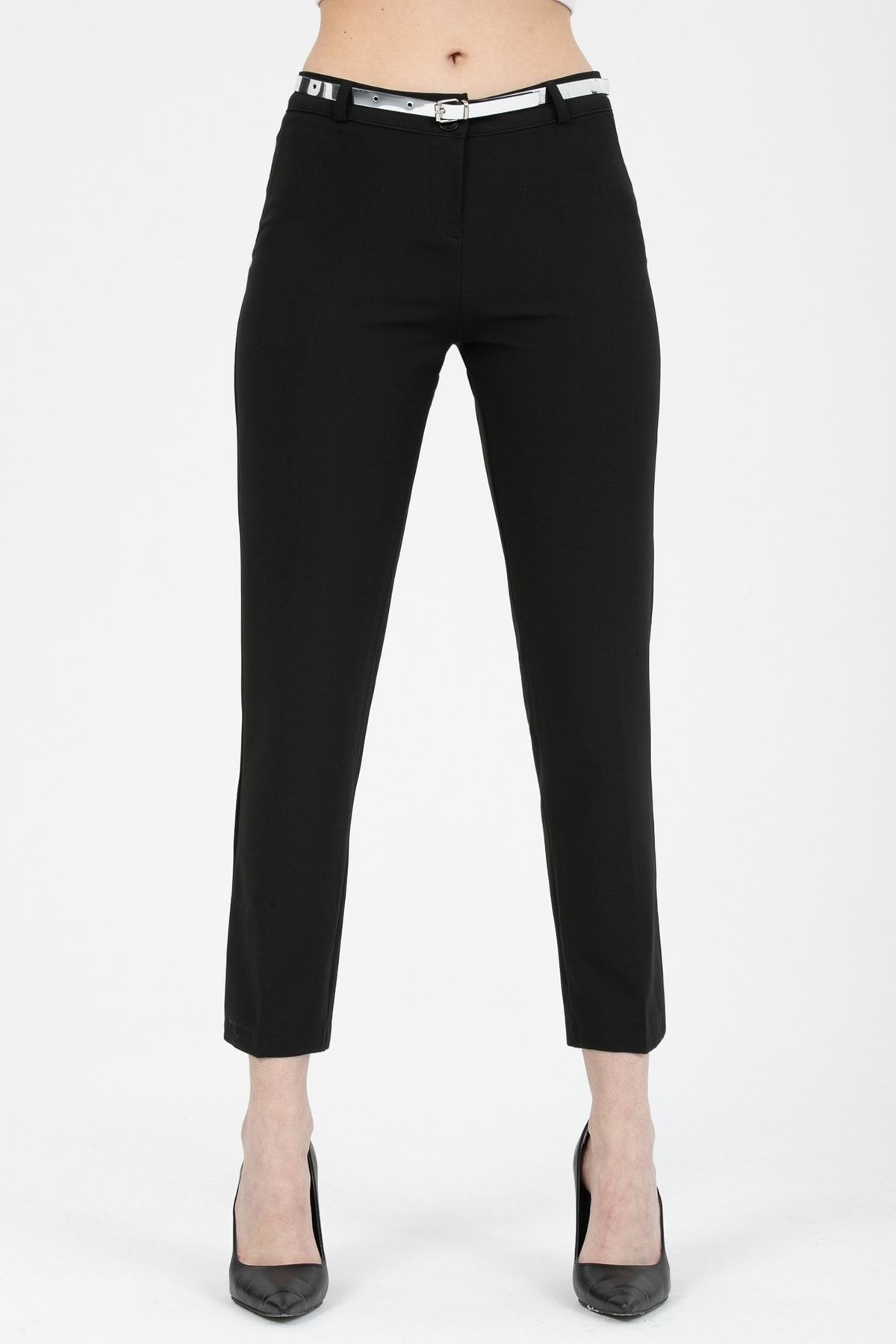 MD trend-Women's Black Belted Classic Fabric Trousers 2