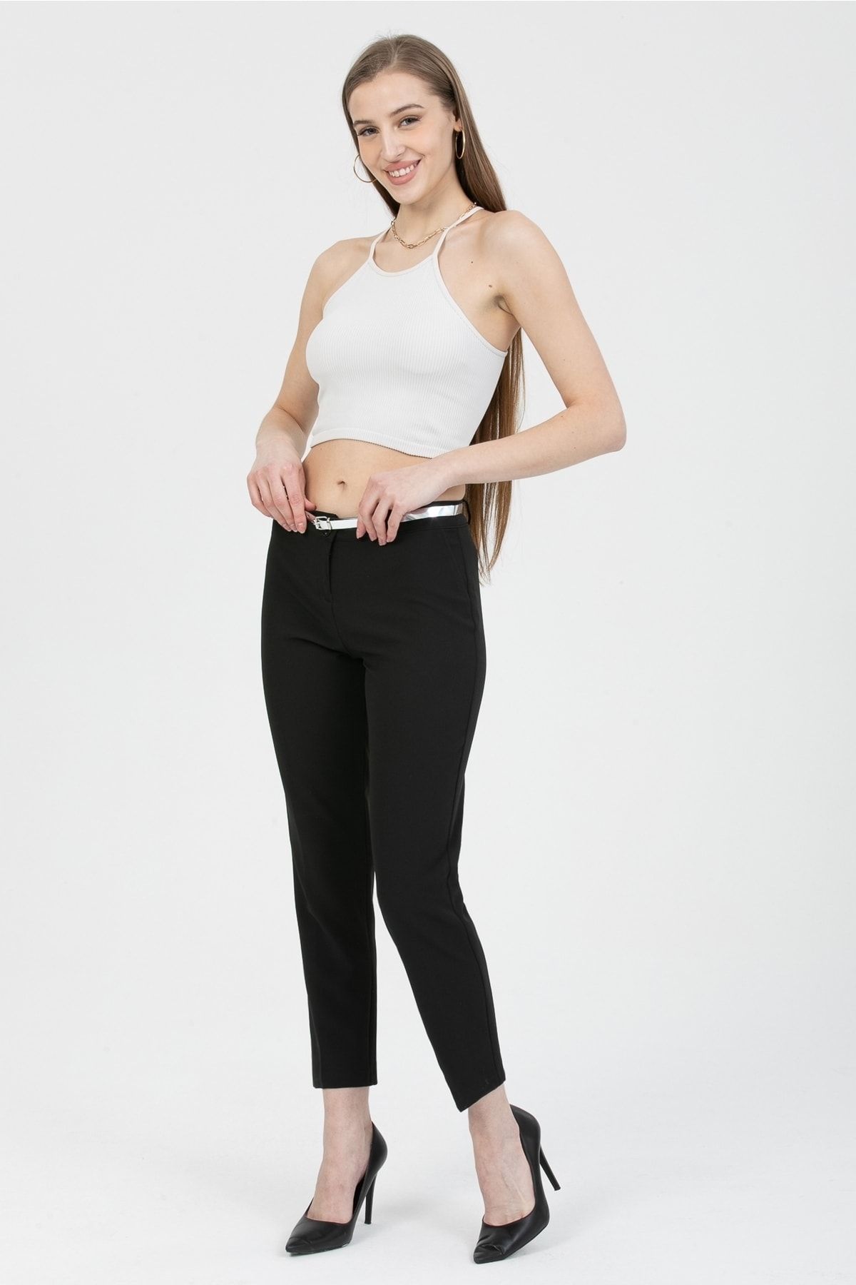 MD trend-Women's Black Belted Classic Fabric Trousers 4