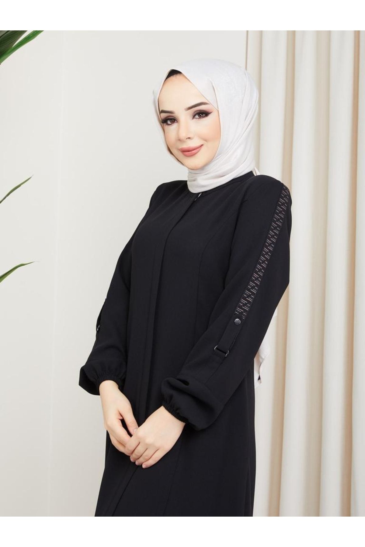 ZEWAHİR FASHİON Yeni Sezon Petek Kumaş Yazlık Kolları Lastikli Ve Işlemeli Ferace RN10783