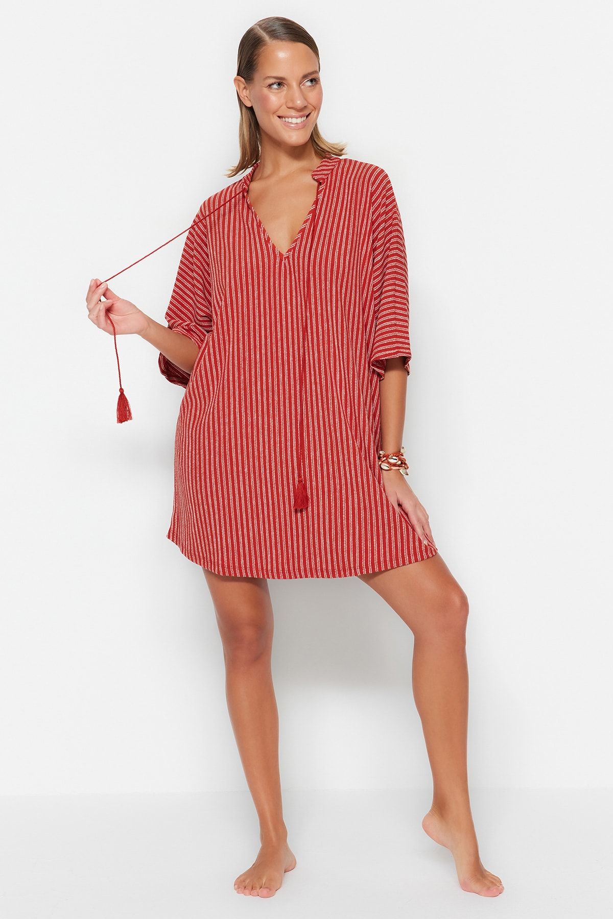 Trendyol Collection Brown Striped Wide Fit Mini Knitted Tassel