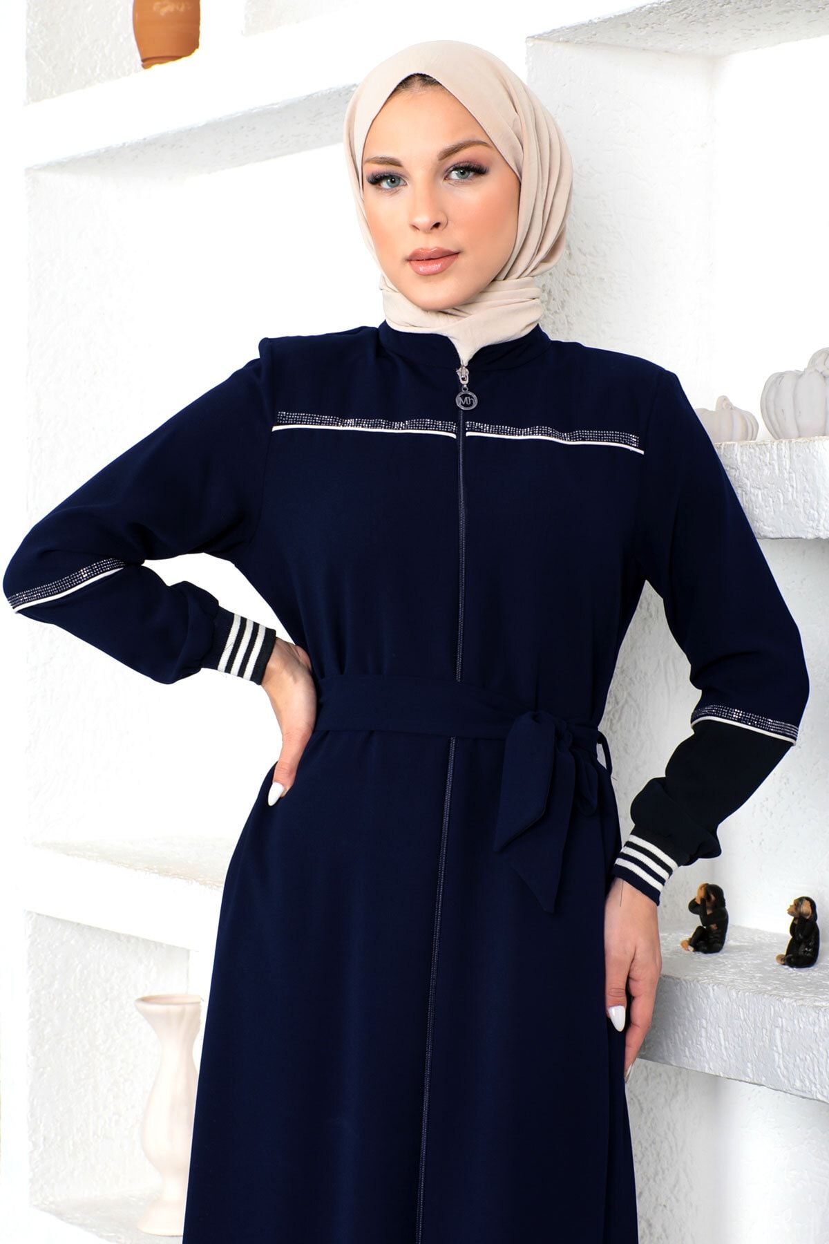 Tesett r D nyas Ribbed Hijab Abaya Tsd230328 Navy Blue Trendyol