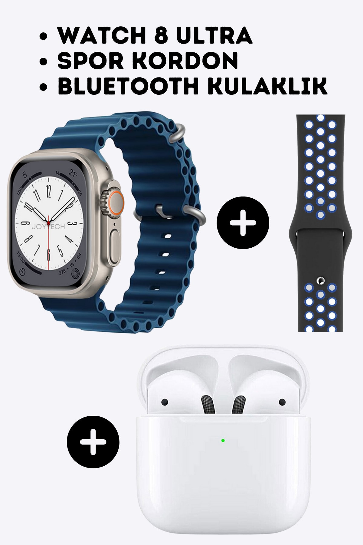JOYTECH Watch 8 Ultra Akıllı Saat Bluetooth Arama Özellikli Türkçe Menü + Bluetooth Kulaklık + Spor Kordon