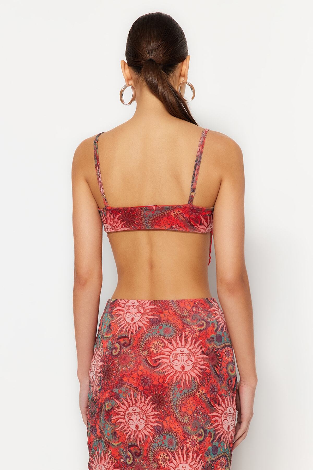 Trendyol Collection-Помаранчева блузка Tul Orme TWOSS23BZ00566 з асиметричним капюшоном і поперечними бретелями 6