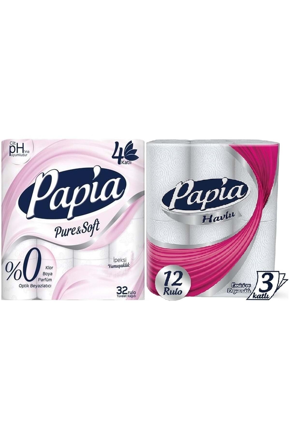 Papia Pure Soft Tuvalet Kağıdı 4 Katlı 32 Li Paket + 12 Li Paket Kağıt Havlu (3 Katlı)