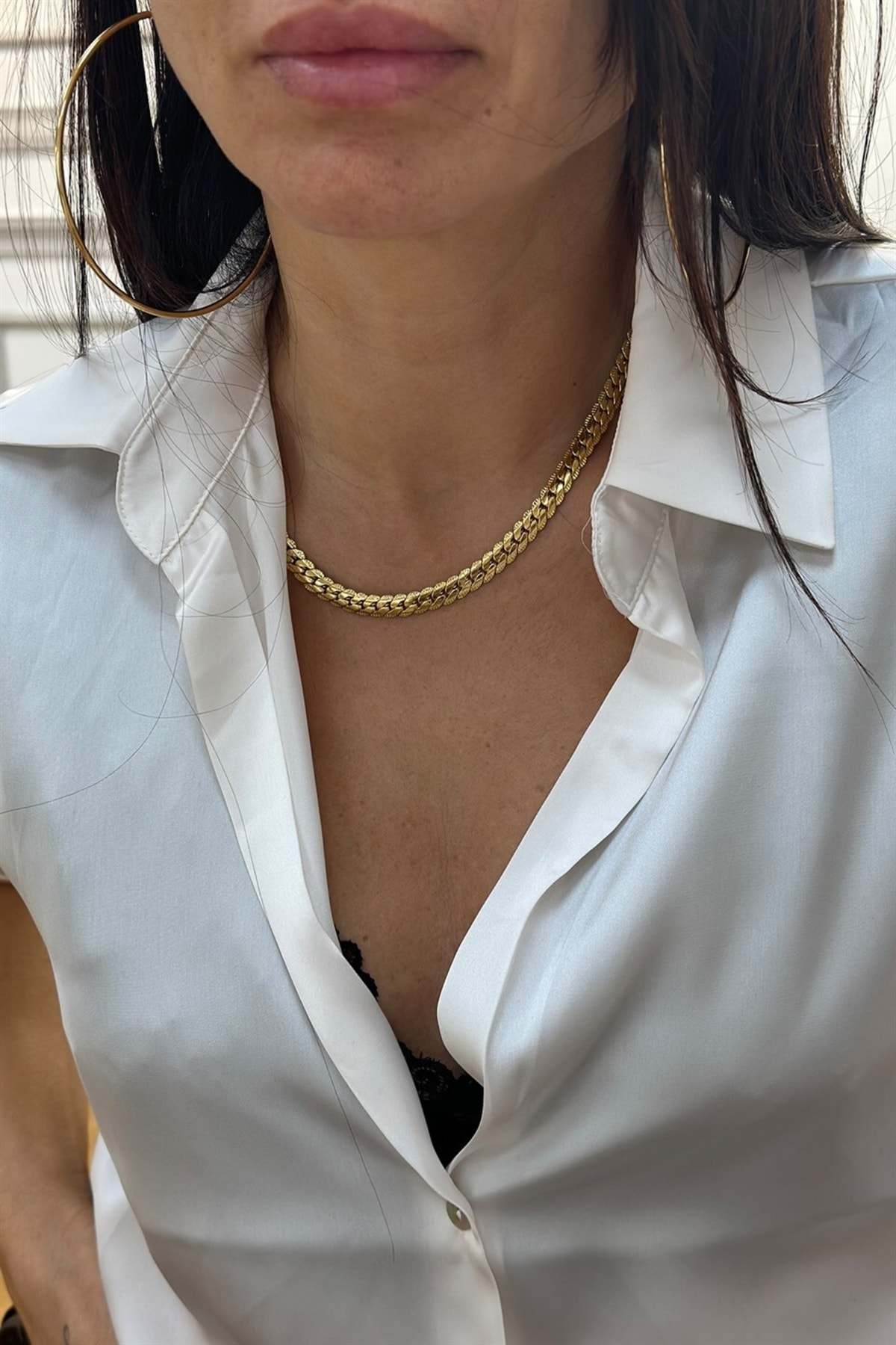 Gold Yassı Örgü Model Zincir Kolye