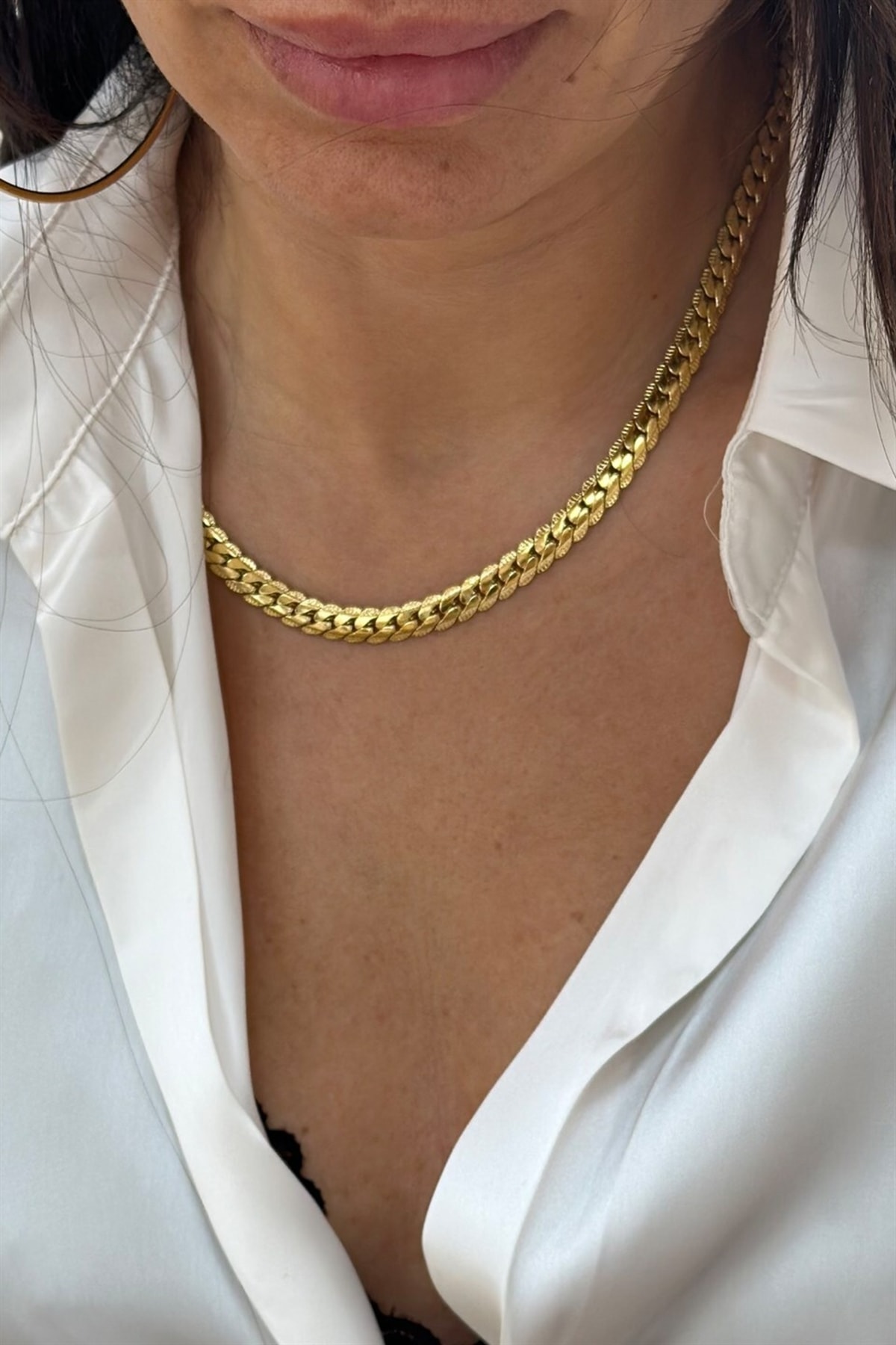 Gold Yassı Örgü Model Zincir Kolye 2