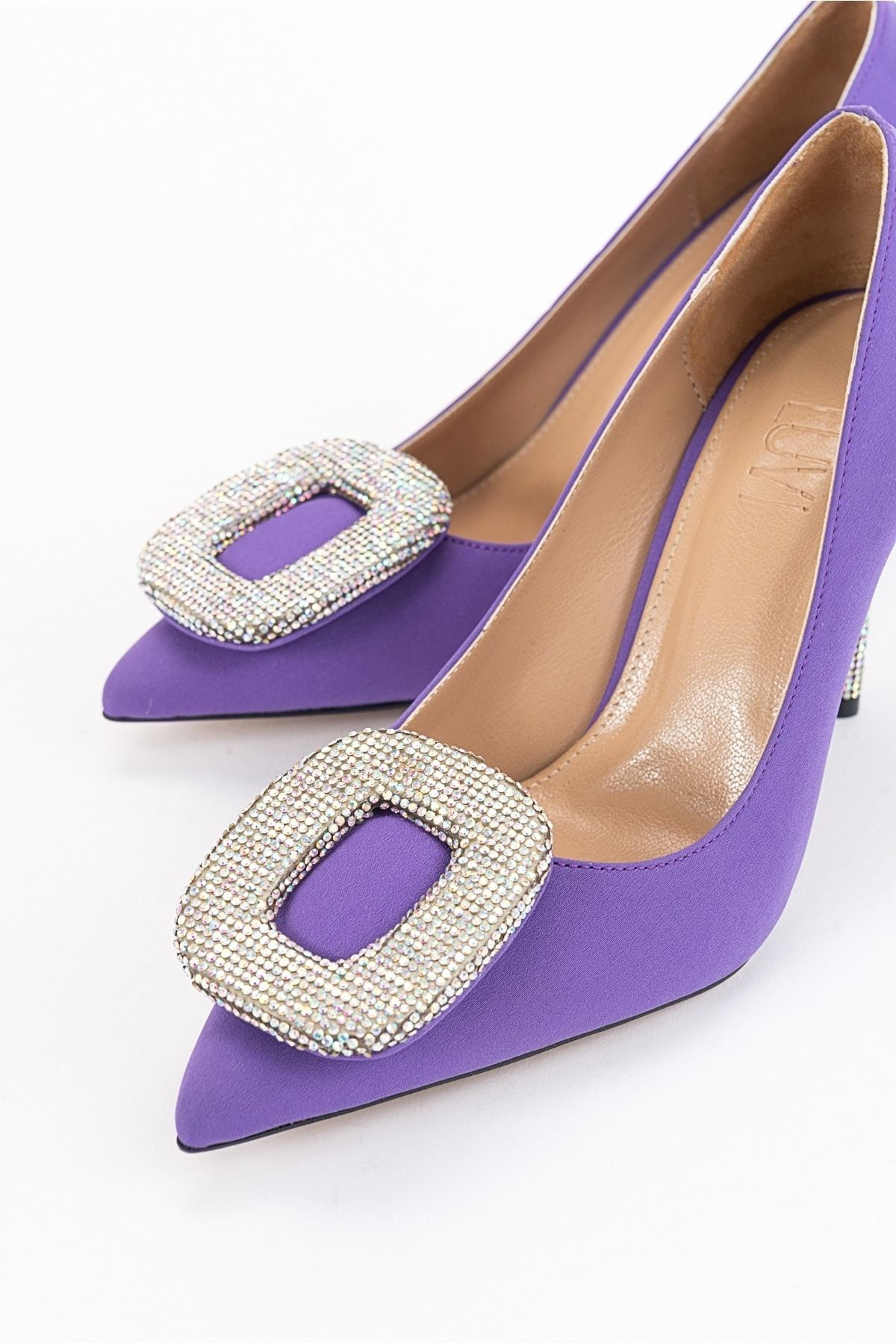 کفش پاشنه کلاسیک بنفش زنانه ساتن اورجینال luvishoes