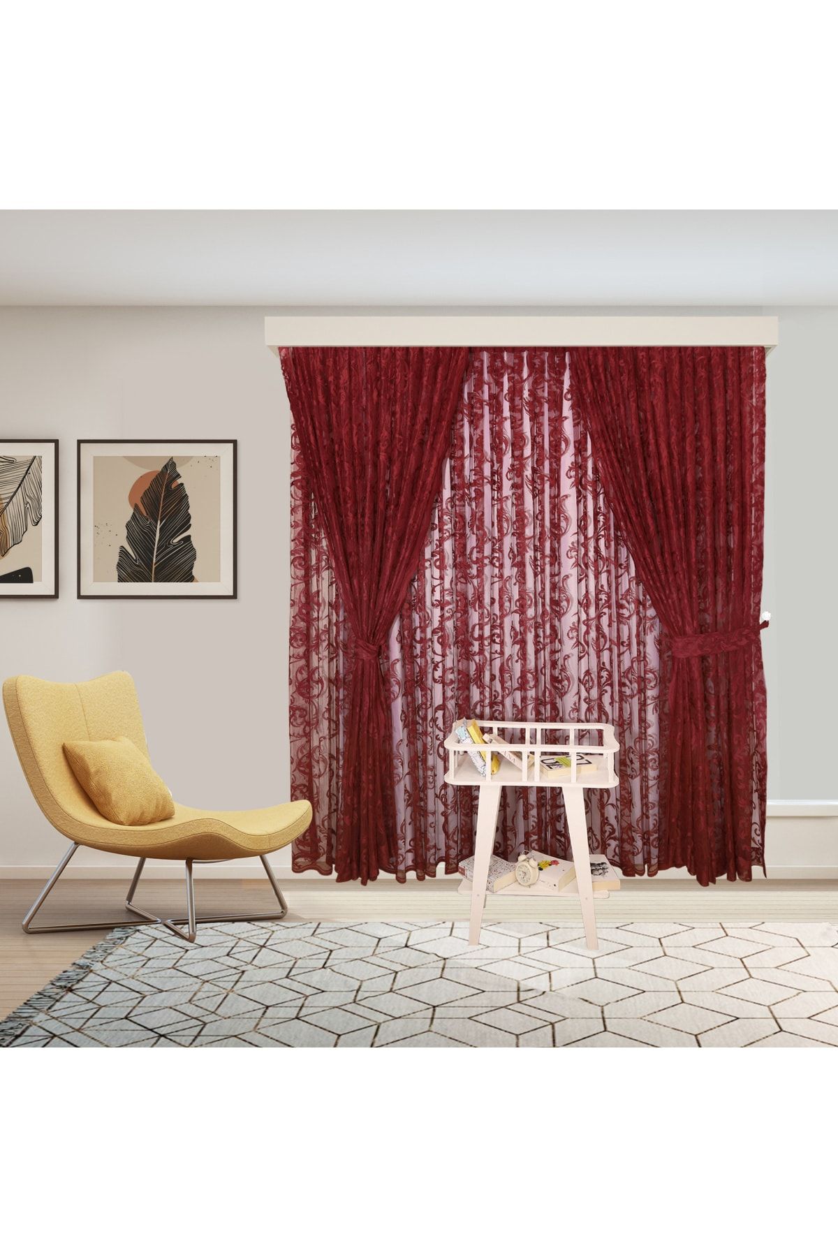 perhal perde ve halı Model Șal Burgundy Tricotat Interior Tul Și Fundal Set Complet Rar Plisat Tul Perdea - 200 x 260
