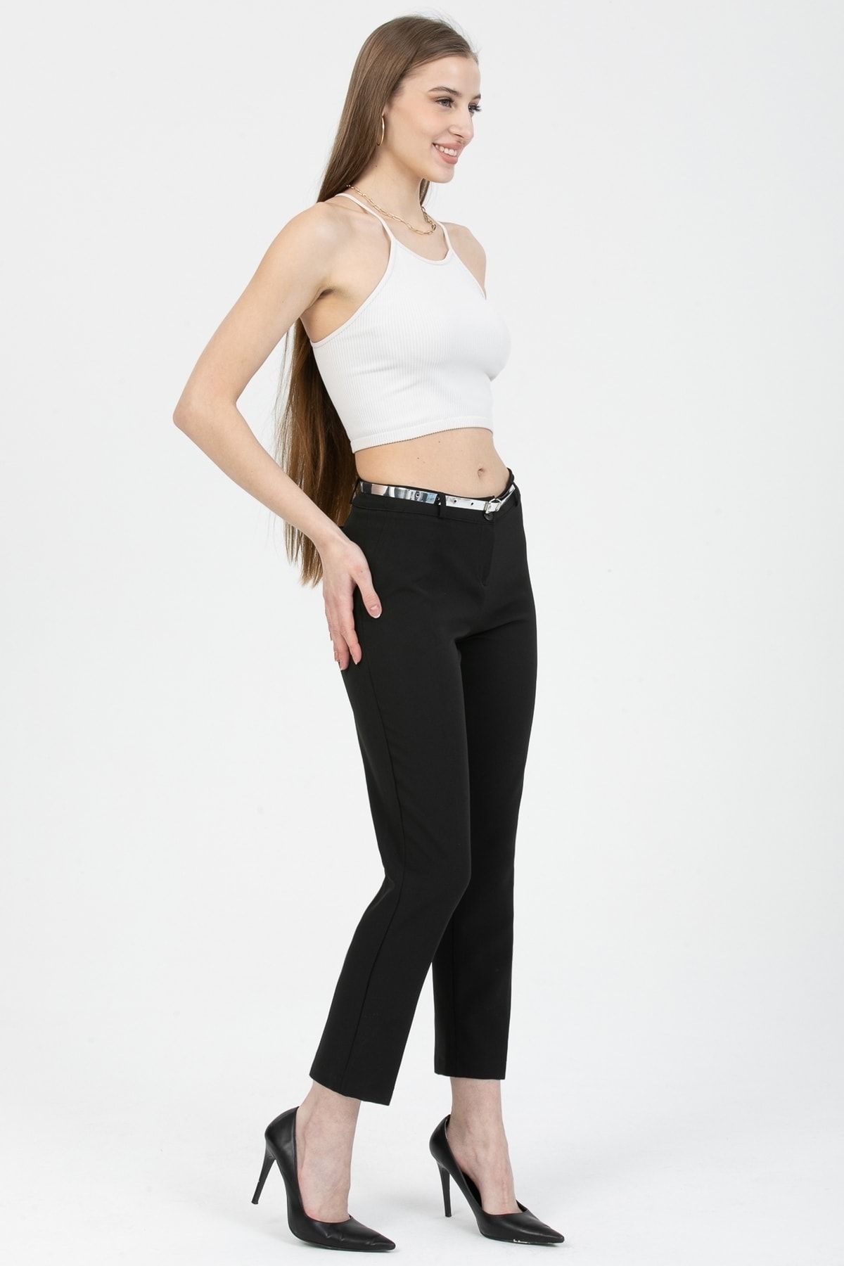 MD trend-Women's Black Belted Classic Fabric Trousers 5