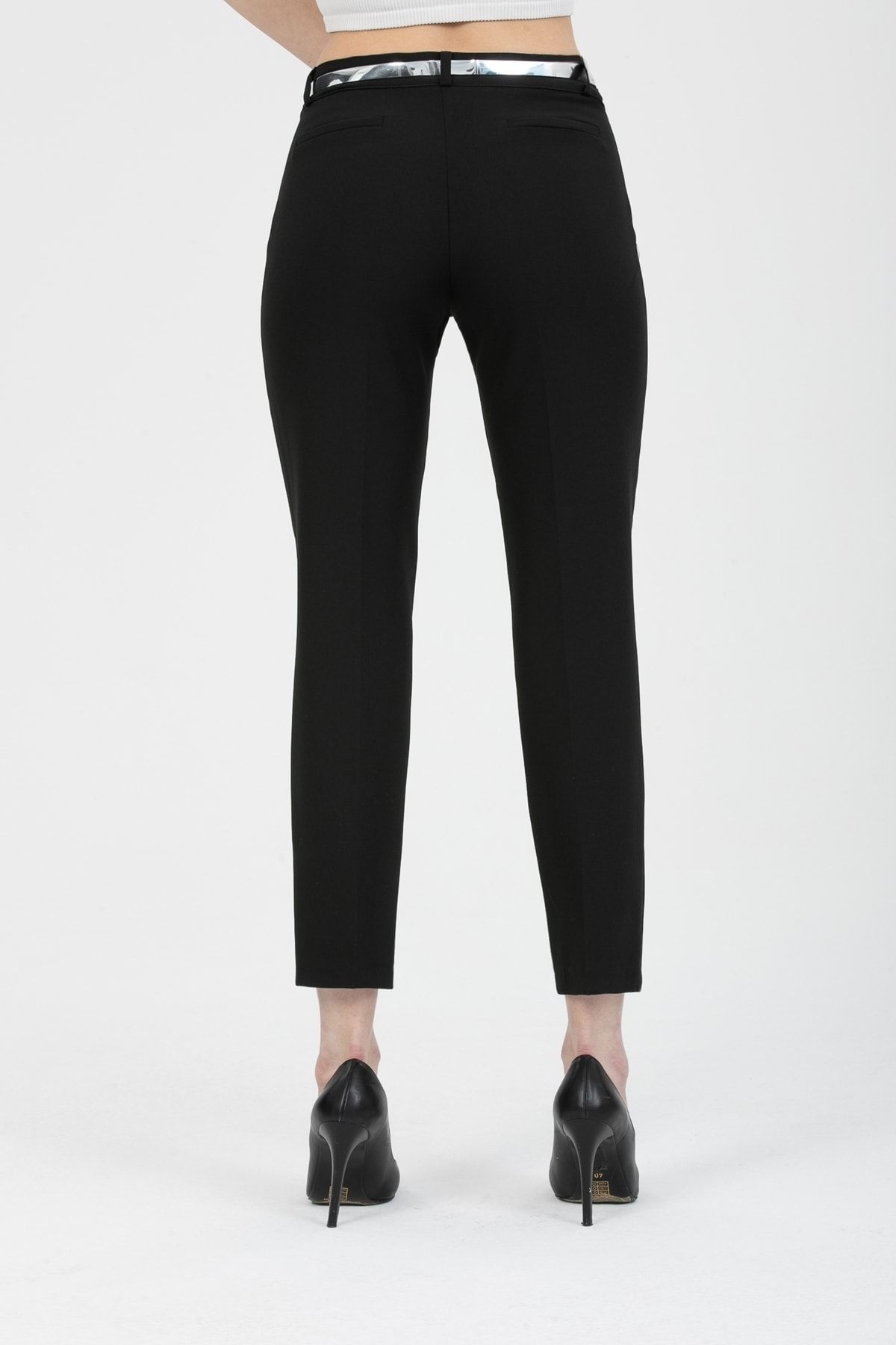 MD trend-Women's Black Belted Classic Fabric Trousers 6