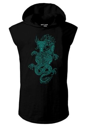 Unisex Dragon Baskılı Kapşonlu Kolsuz Siyah T-shirt ART499