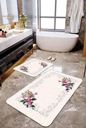 Soft Çiçek Desenli 2'li Büyük Boy Banyo Paspas Seti TLAHMB-105