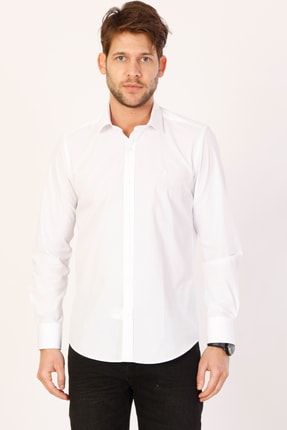 Erkek Klasik Yaka Slim Fit Beyaz Poplin Gömlek ERTEN4100-01