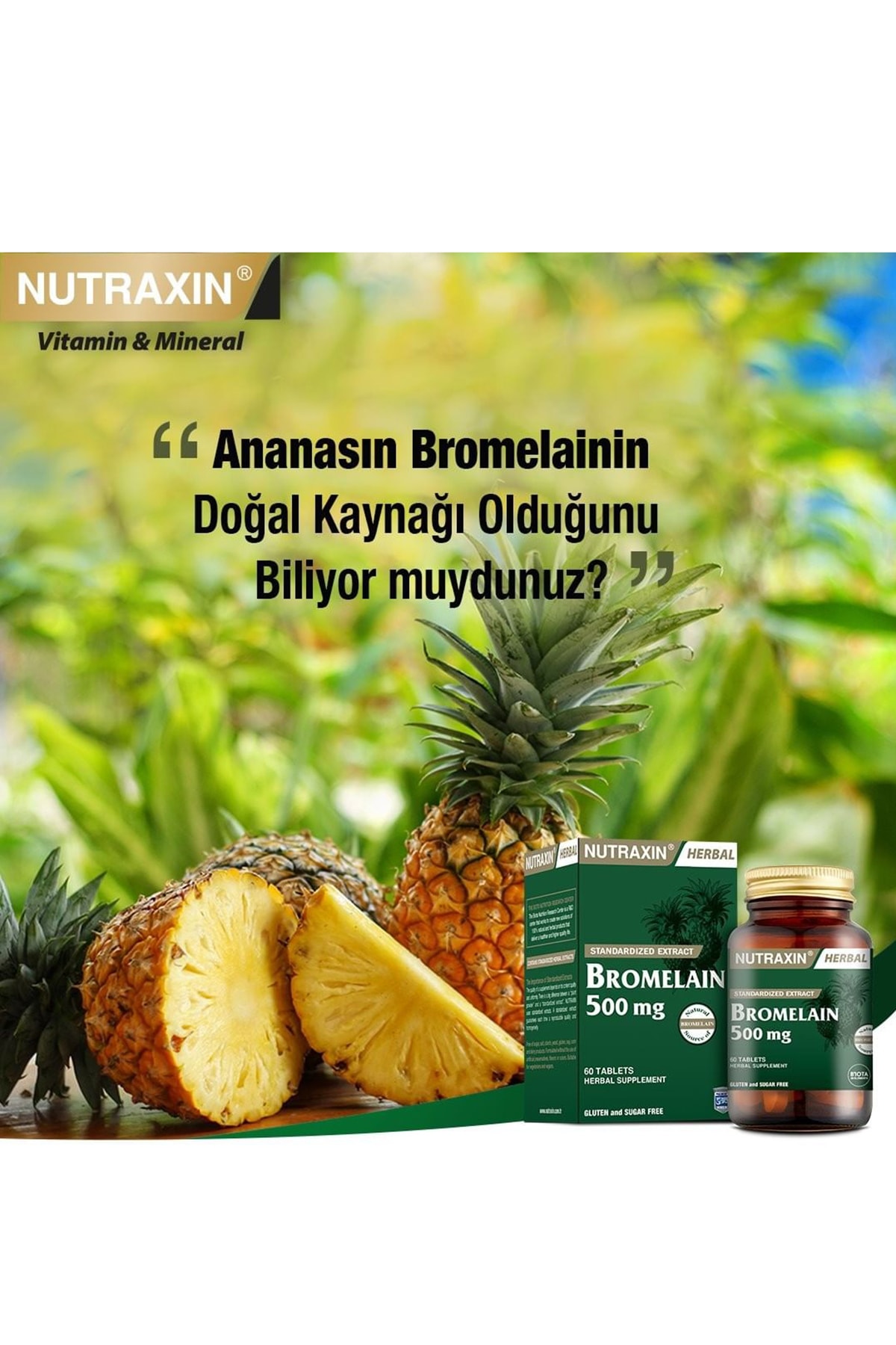 Nutraxin Bromelain 60 Kapsül, Herbal Protein Sindiren Enzim Olan