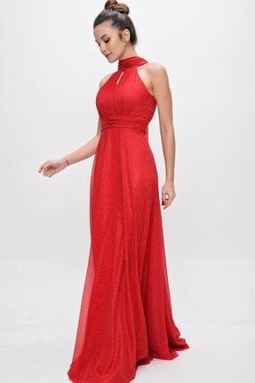 Yaka Bağlamalı Simli Uzun Abiye Elbise S-20Y0500024-Kırmızı