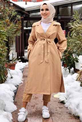 festmoda kadin camel cift sira dugmeli