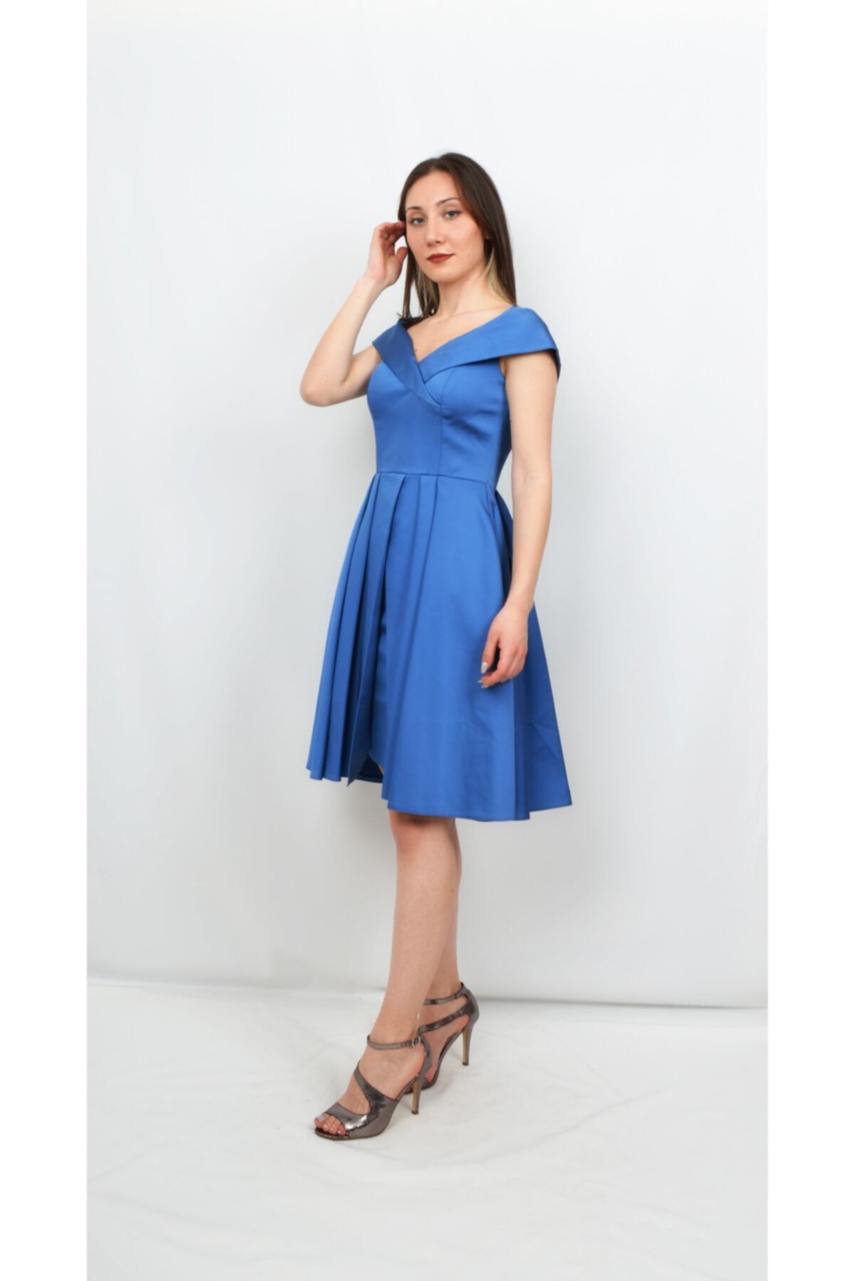 ALIS DRESS Женское атласное платье цвета индиго синего цвета с воротником AL-0172