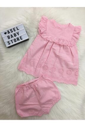 Kız Bebek Pembe Dokuma Elbise 2'li Takım K3021