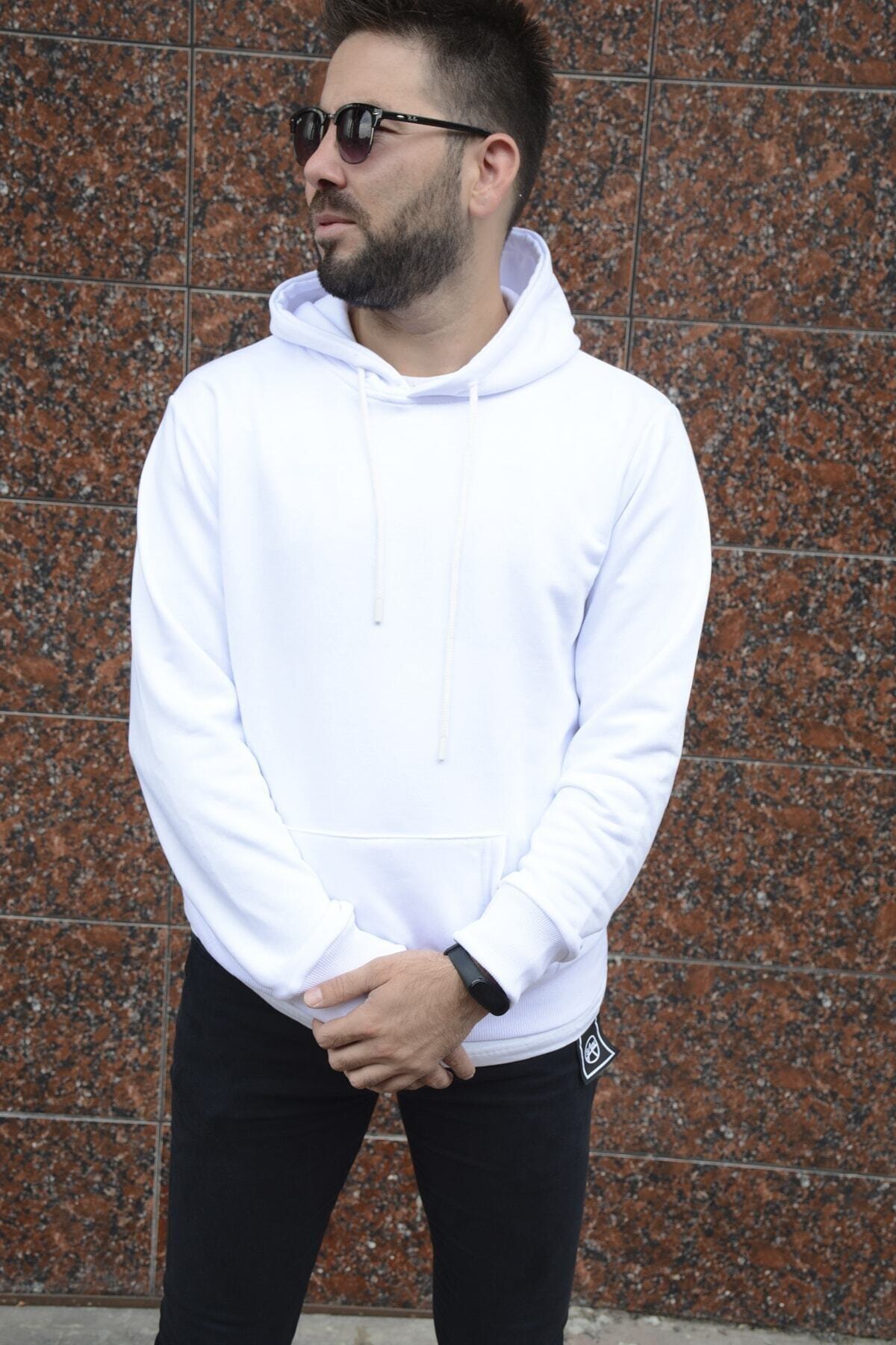 Genel Markalar Erkek Beyaz Uzun Kollu Kapüşonlu Üst Kanguru Cepli Beyaz Polar Sweatshirt
