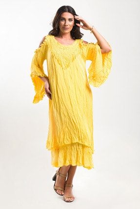 Kadın Sarı Pamuk Askılı Acıkomuz Kollu Ponponlu Maxi Elbise SK2021-1029