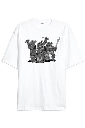 Beyaz Ninja Kaplumbağalar Desenli Oversize Unisex T-shirt Oversize Unisex Tişört TD266930