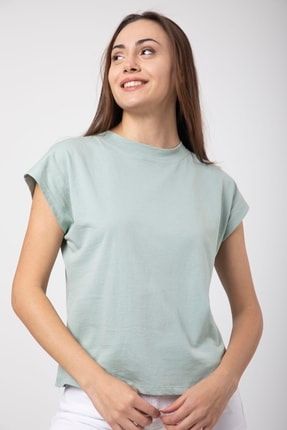 Kadın Mint Yeşil Pamuklu Kısa Kollu Basic T-shirt MDTRN11525