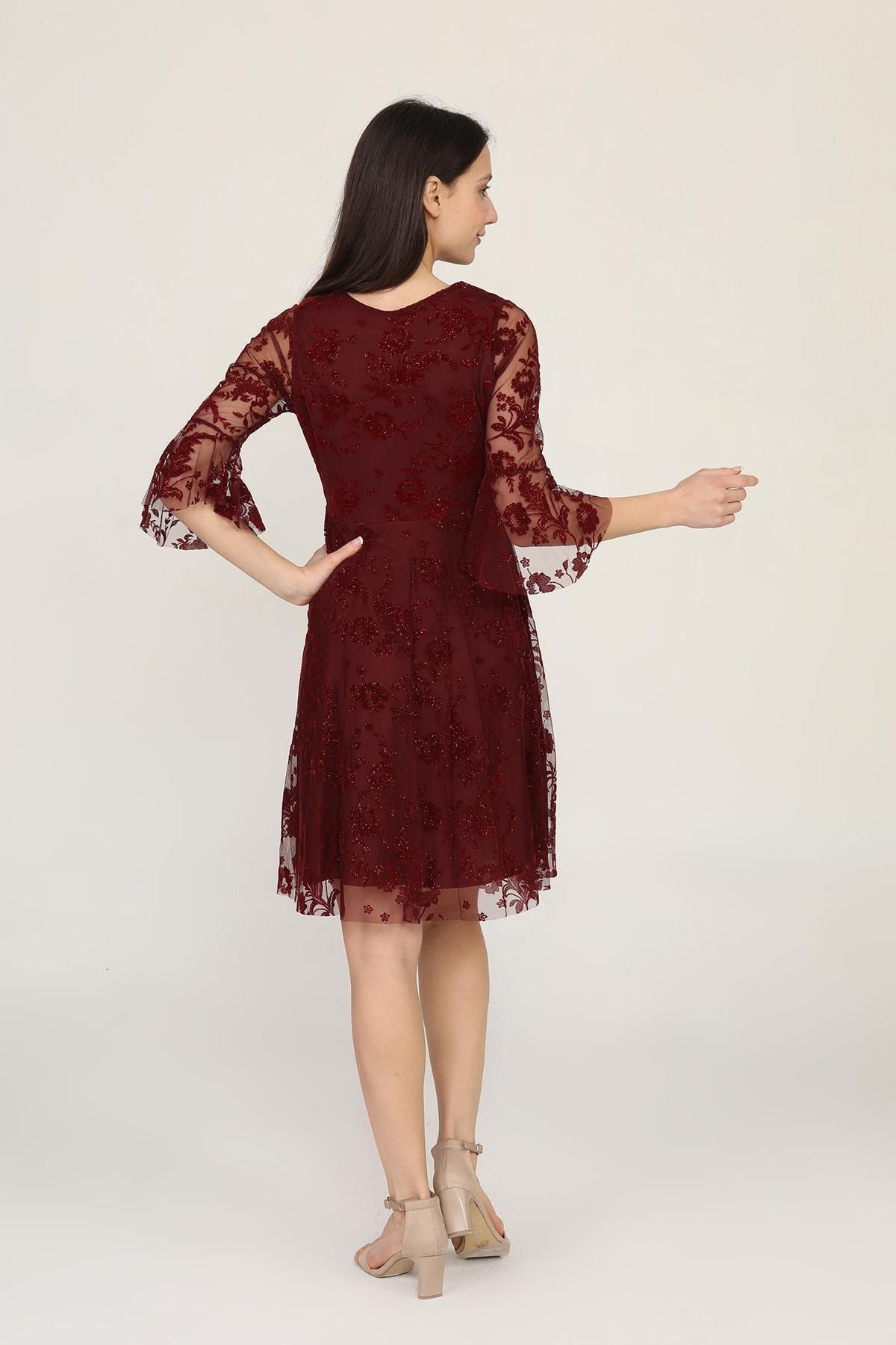 Ceylen-Women's Double Breasted Collar Flywheel Sleeve Glitter Flocked Tulle Mini Dress 3