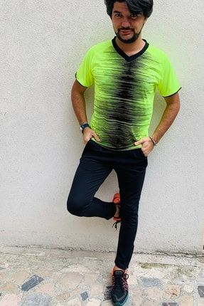 Erkek Neon Sarı Siyah Baskılı Günlük Fitness Spor Koşu Tişörtu 1347252
